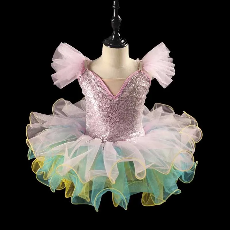 Girls Toddlers Jazz Dance Costumes Yellow Sequins Kindergarten Pink Blue Tutu Skirt Girls Ballerina Ballet Dance Dresses