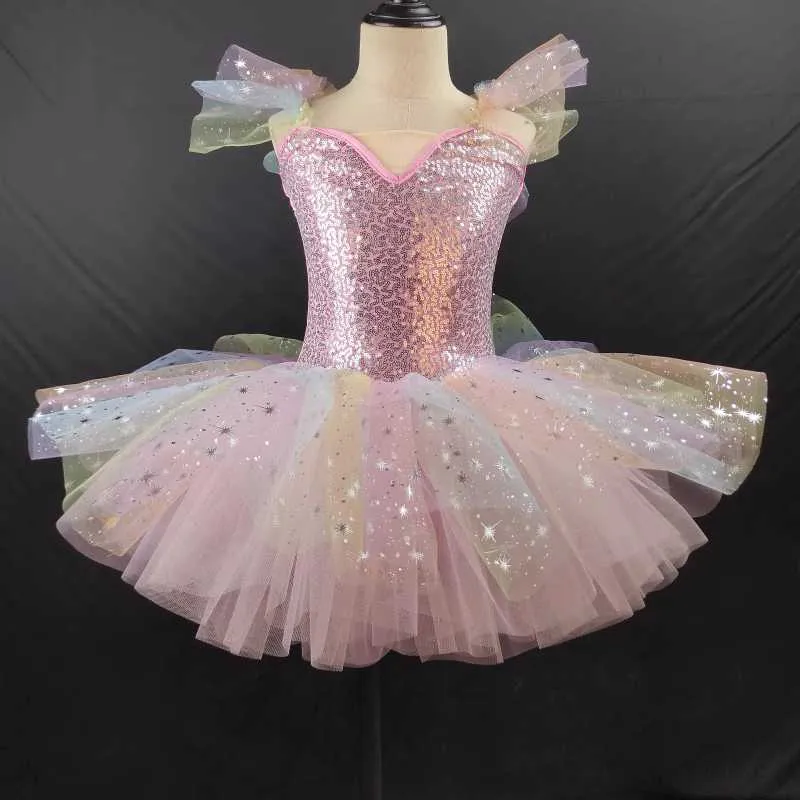 Girls Toddlers Jazz Dance Costumes Yellow Sequins Kindergarten Pink Blue Tutu Skirt Girls Ballerina Ballet Dance Dresses