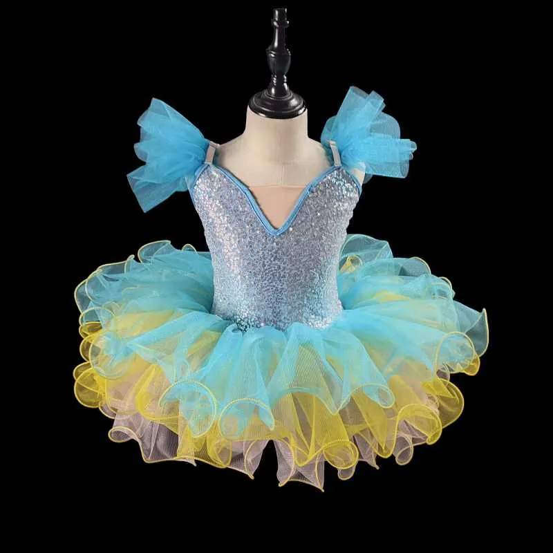 Girls Toddlers Jazz Dance Costumes Yellow Sequins Kindergarten Pink Blue Tutu Skirt Girls Ballerina Ballet Dance Dresses