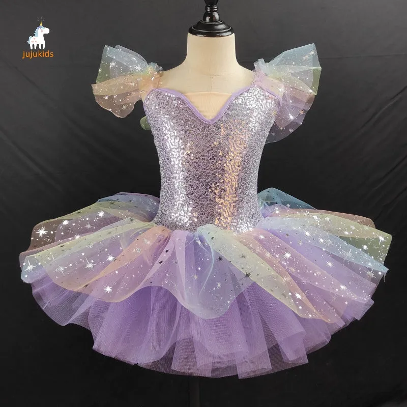 Girls Toddlers Jazz Dance Costumes Yellow Sequins Kindergarten Pink Blue Tutu Skirt Girls Ballerina Ballet Dance Dresses