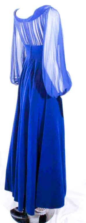 GIVENCHY Blue Velvet Off Shoulder Gown w/ Chiffon Sleeves