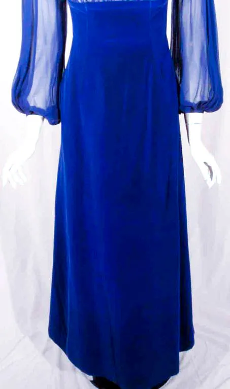 GIVENCHY Blue Velvet Off Shoulder Gown w/ Chiffon Sleeves