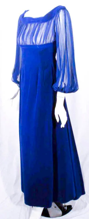 GIVENCHY Blue Velvet Off Shoulder Gown w/ Chiffon Sleeves