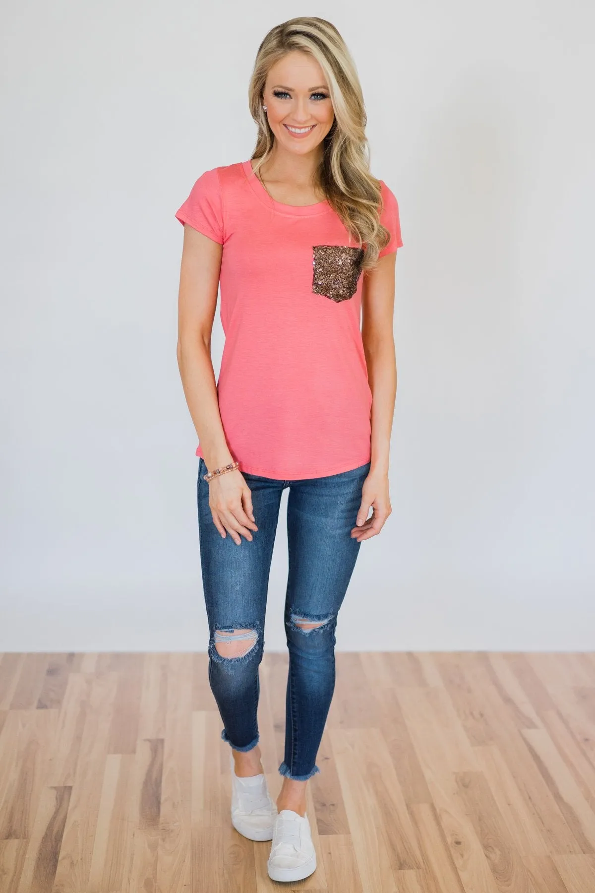 Glam Pocket Short Sleeve Top- Pink