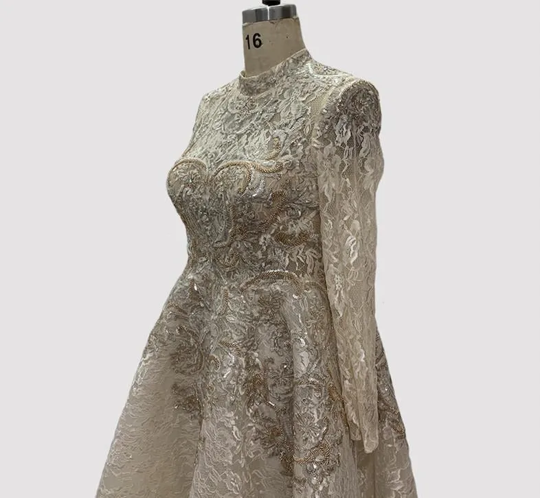 Gold High Neck Luxury Asymmetrical Evening Dresses Cap Sleeve Lace Beading Evening Gowns