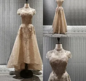 Gold High Neck Luxury Asymmetrical Evening Dresses Cap Sleeve Lace Beading Evening Gowns