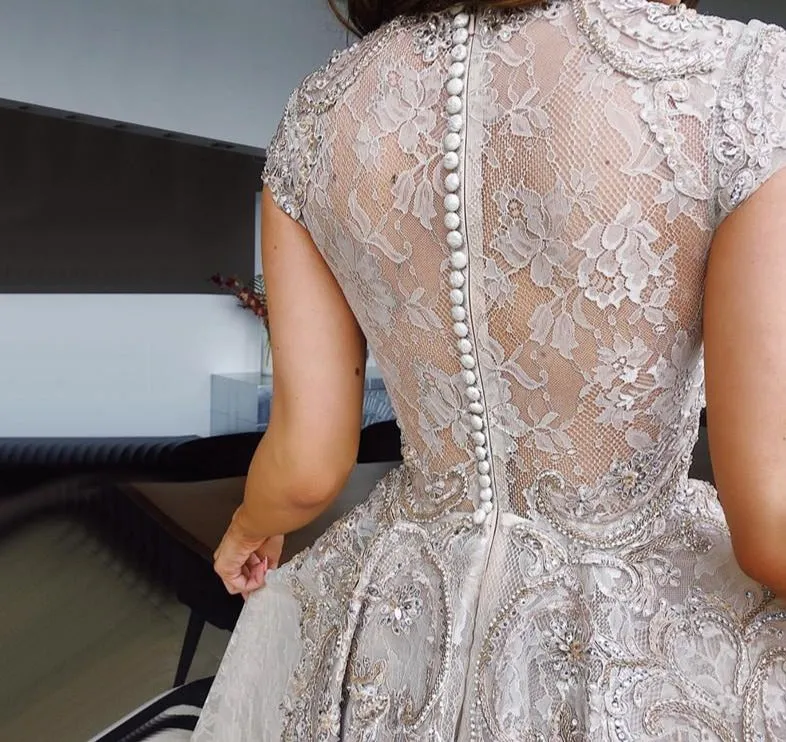 Gold High Neck Luxury Asymmetrical Evening Dresses Cap Sleeve Lace Beading Evening Gowns