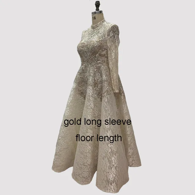 Gold High Neck Luxury Asymmetrical Evening Dresses Cap Sleeve Lace Beading Evening Gowns