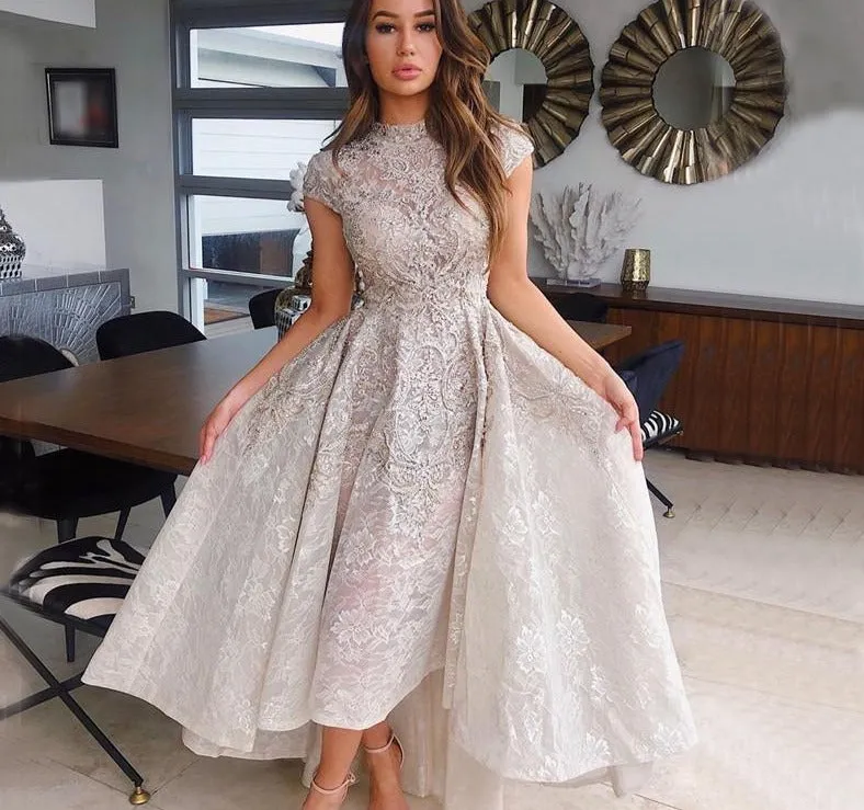 Gold High Neck Luxury Asymmetrical Evening Dresses Cap Sleeve Lace Beading Evening Gowns
