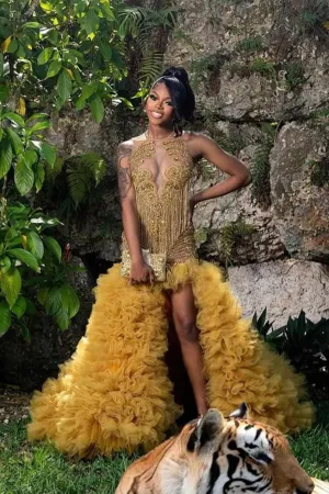 Gold Ruffles Mermaid Luxury Sequin Floor length Prom Dresses
