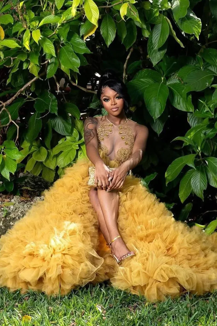 Gold Ruffles Mermaid Luxury Sequin Floor length Prom Dresses
