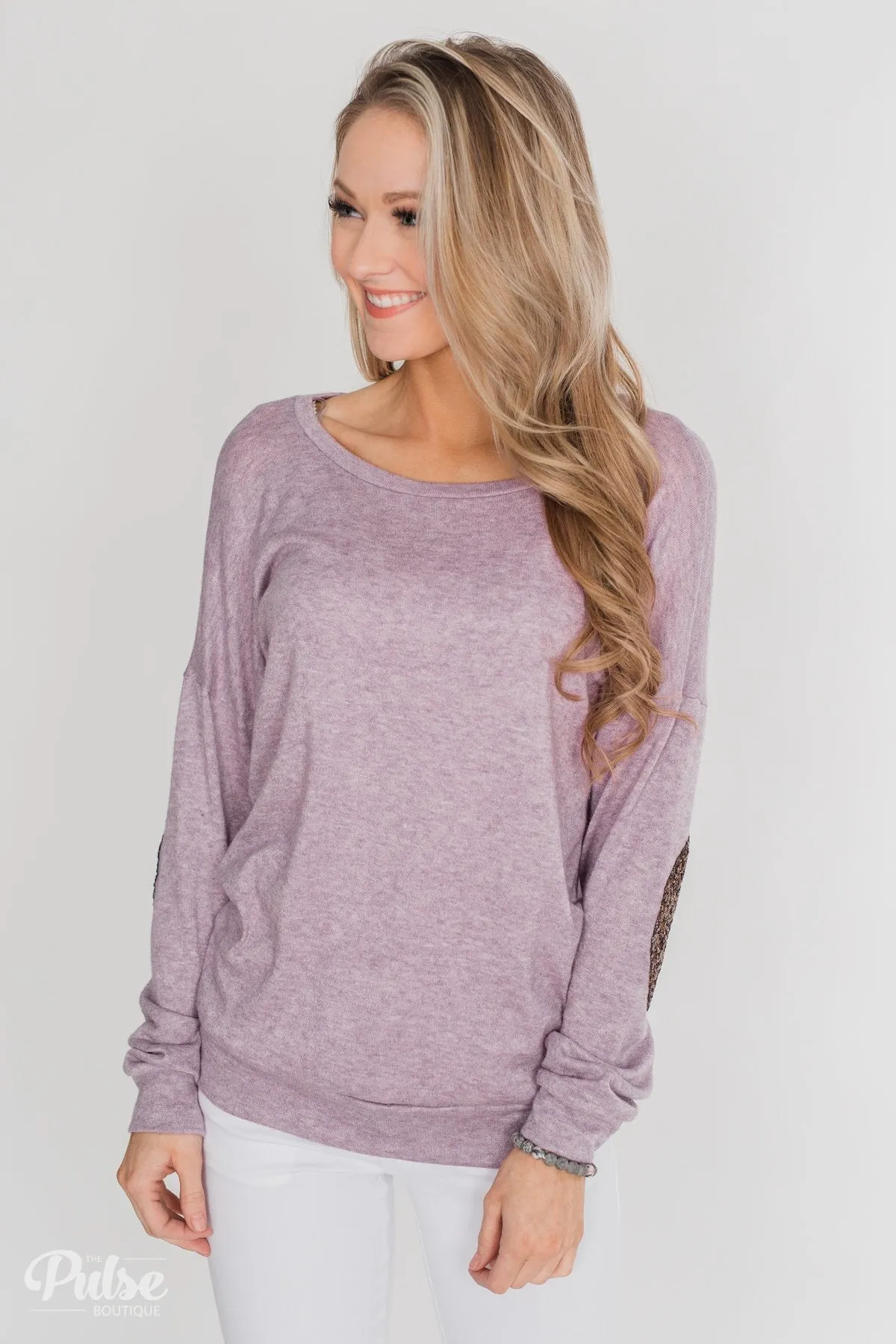 Good Times Sequin Elbow Patch Pullover - Lilac