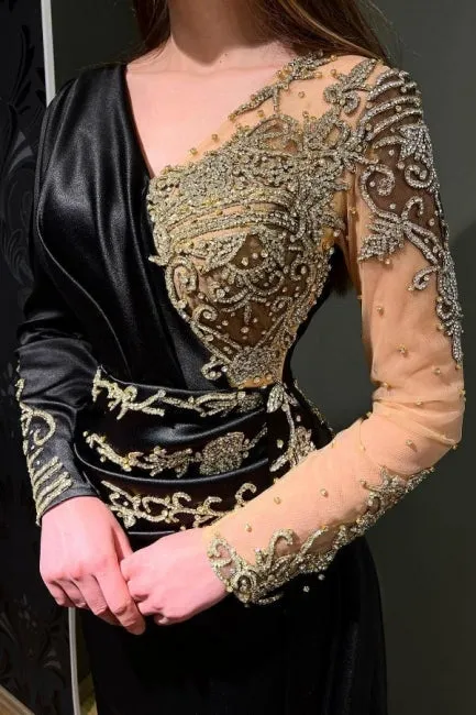 Gorgeous Black Long Sleeves Prom Dress Mermaid Lace Beadings Online