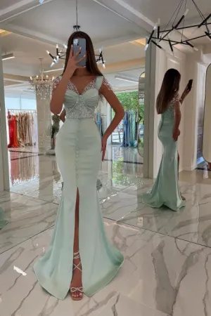 Gorgeous Mint Sequins Prom Dress Straps Long Mermaid Holiday Dress With Slit