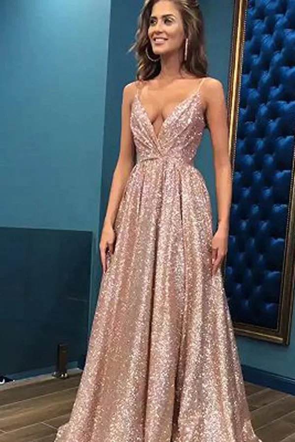 Gorgeous V-Neck Spaghetti-Straps Long Sequins Evening Gown,MP456