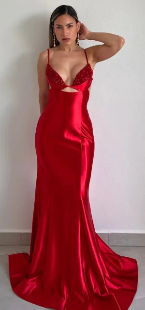 Gowning Around Red Satin Formal Gown