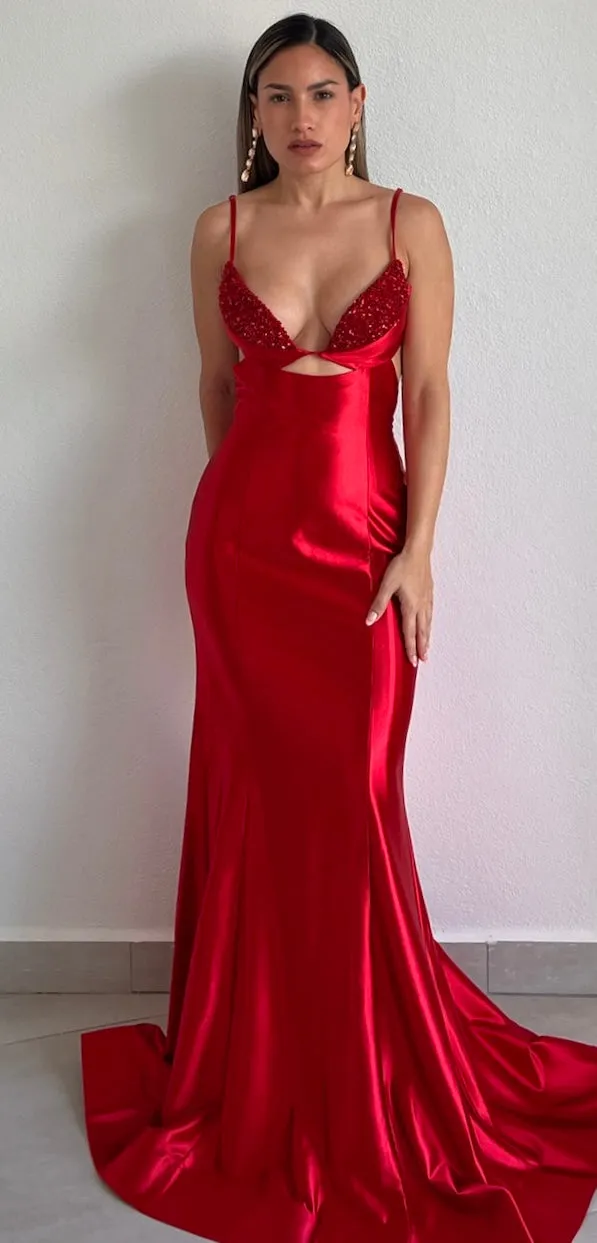 Gowning Around Red Satin Formal Gown