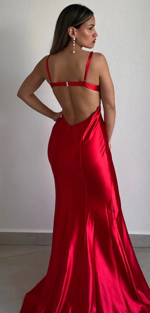 Gowning Around Red Satin Formal Gown