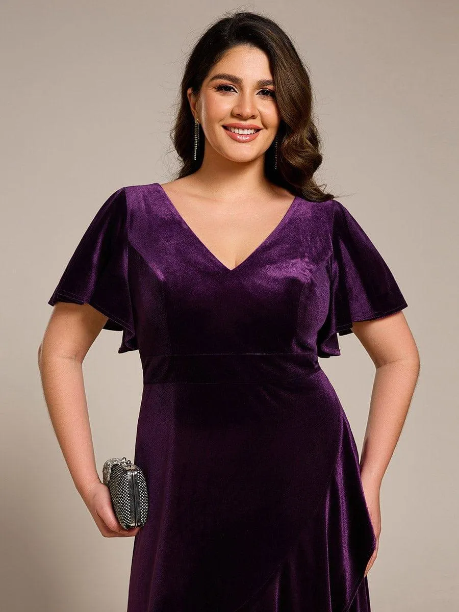 GRANDE TAILLE Robe de soirée en velours extensible à double col en V et manches courtes avec ourlet en feuille de lotus