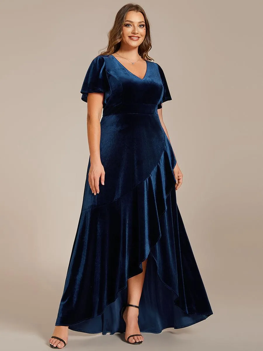 GRANDE TAILLE Robe de soirée en velours extensible à double col en V et manches courtes avec ourlet en feuille de lotus