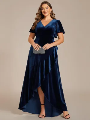 GRANDE TAILLE Robe de soirée en velours extensible à double col en V et manches courtes avec ourlet en feuille de lotus