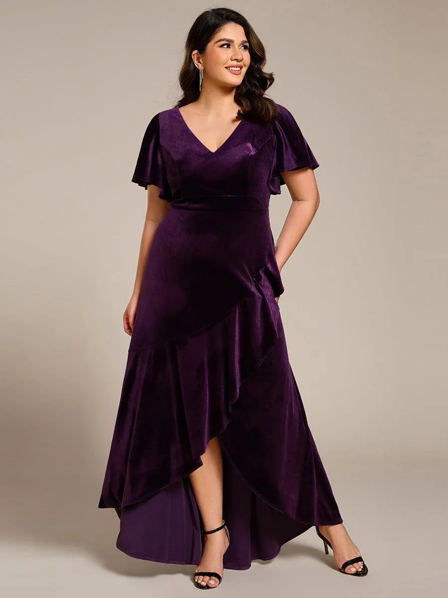 GRANDE TAILLE Robe de soirée en velours extensible à double col en V et manches courtes avec ourlet en feuille de lotus