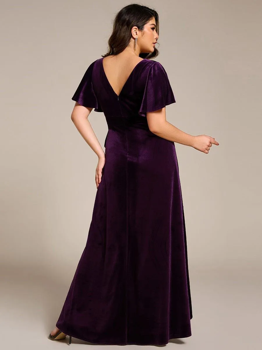 GRANDE TAILLE Robe de soirée en velours extensible à double col en V et manches courtes avec ourlet en feuille de lotus