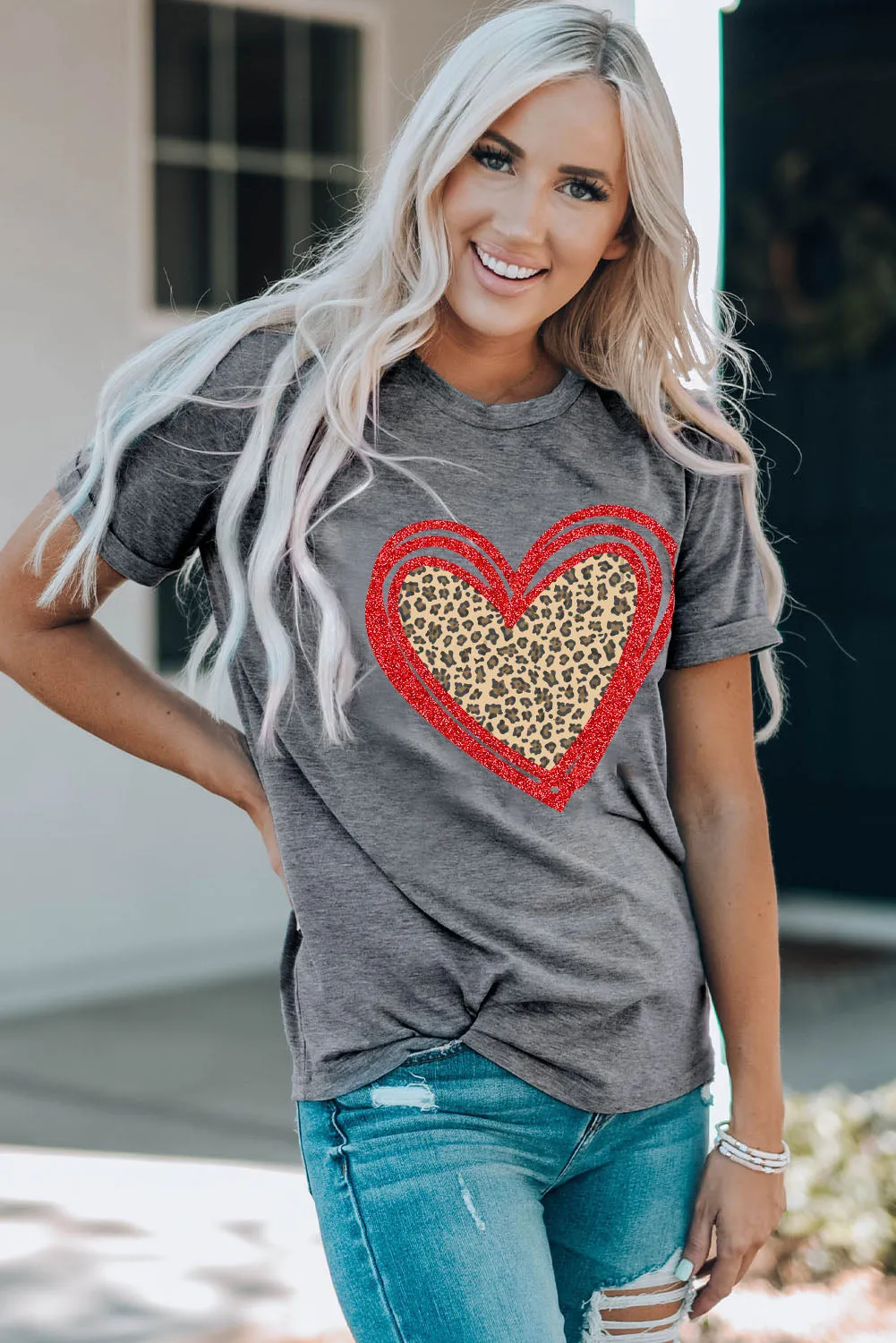 Gray Sequin Leopard Heart Graphic T-shirt