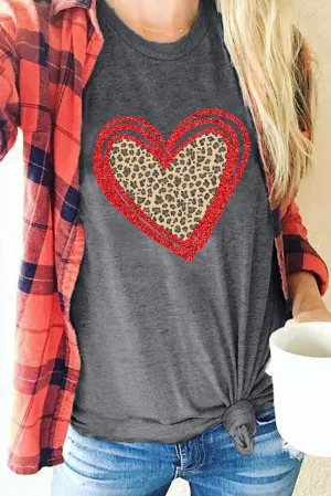 Gray Sequin Leopard Heart Graphic T-shirt