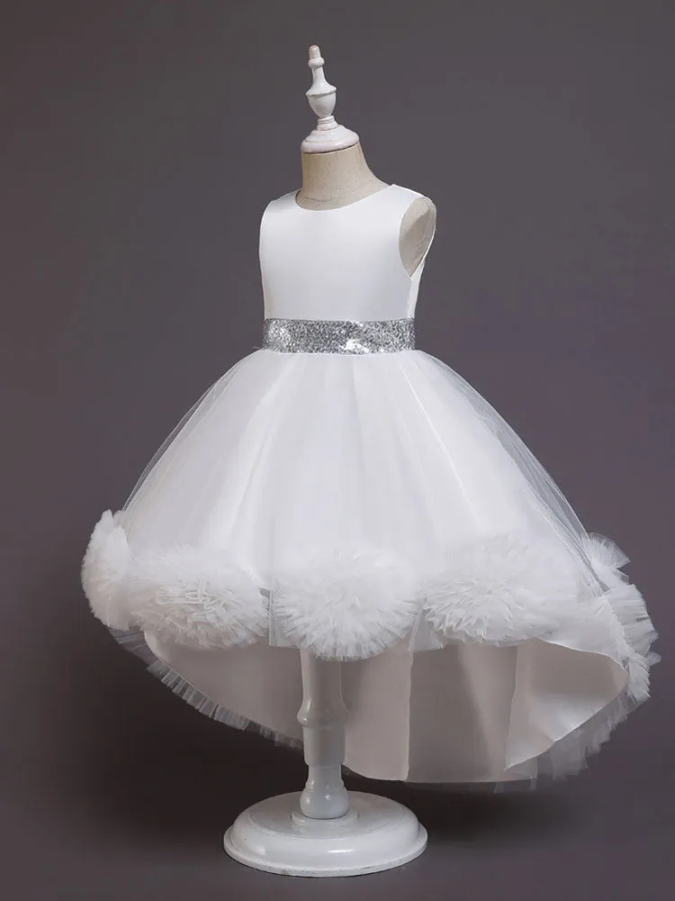 Green Jewel Neck Sleeveless Bows Tulle Cotton Sequined Kids Party Dresses