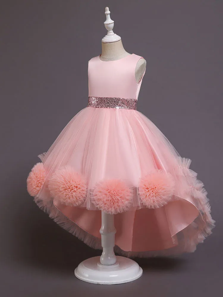 Green Jewel Neck Sleeveless Bows Tulle Cotton Sequined Kids Party Dresses