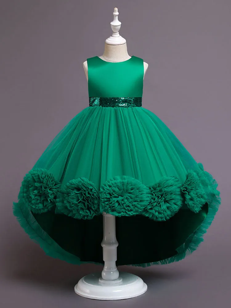 Green Jewel Neck Sleeveless Bows Tulle Cotton Sequined Kids Party Dresses