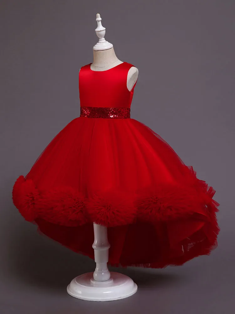 Green Jewel Neck Sleeveless Bows Tulle Cotton Sequined Kids Party Dresses