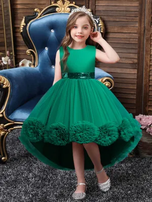 Green Jewel Neck Sleeveless Bows Tulle Cotton Sequined Kids Party Dresses