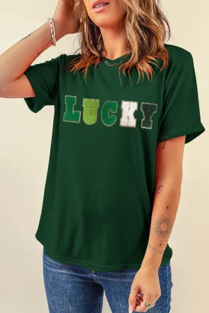 Green LUCKY Glitter Chenille Patched Crew Neck T Shirt