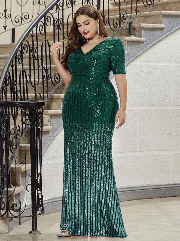 Green Prom Dress Sheath V-Neck Sequined Short Sleeves Floor-Length Party Dresses