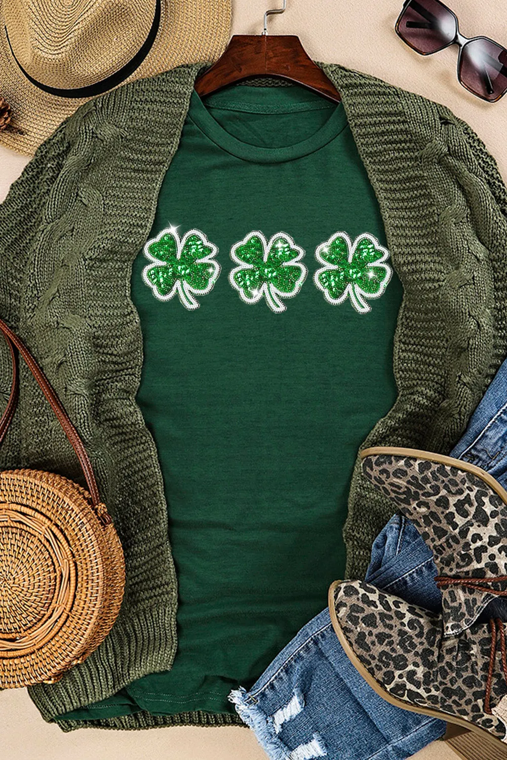 Green St Patrick Clover Patch Sequin Graphic T-shirt
