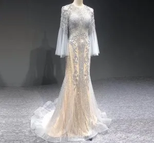 Grey Mermaid Luxury Long Sleeves Evening Dresses Sparkle Sequined Beading Fromal Dress Long