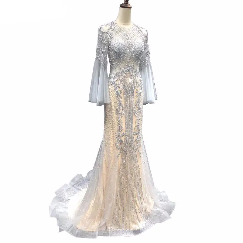 Grey Mermaid Luxury Long Sleeves Evening Dresses Sparkle Sequined Beading Fromal Dress Long