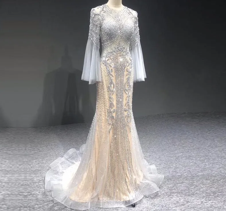 Grey Mermaid Luxury Long Sleeves Evening Dresses Sparkle Sequined Beading Fromal Dress Long