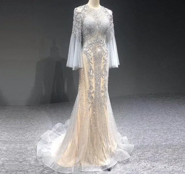 Grey Mermaid Luxury Long Sleeves Evening Dresses Sparkle Sequined Beading Fromal Dress Long