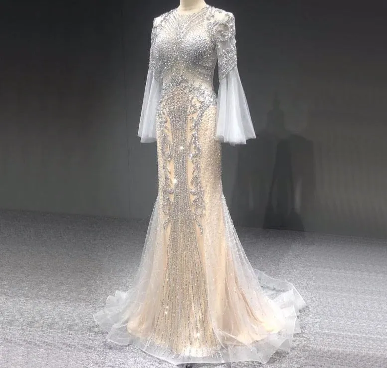 Grey Mermaid Luxury Long Sleeves Evening Dresses Sparkle Sequined Beading Fromal Dress Long