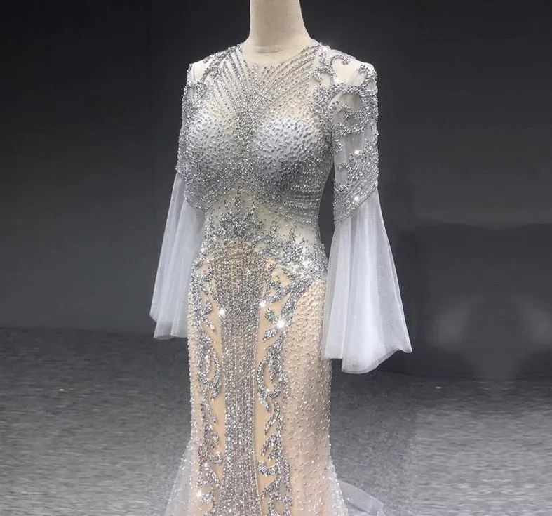 Grey Mermaid Luxury Long Sleeves Evening Dresses Sparkle Sequined Beading Fromal Dress Long