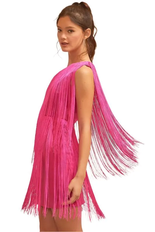 Half Shoulder Back Zipper Fringe Mini Dress