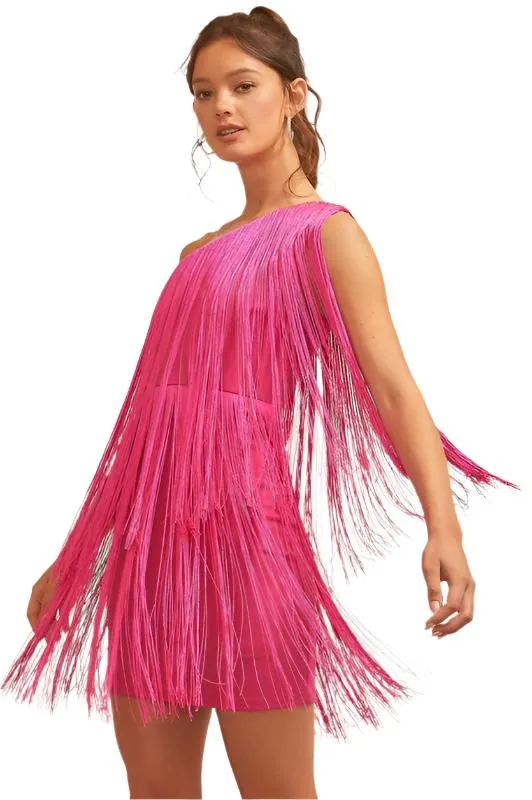 Half Shoulder Back Zipper Fringe Mini Dress