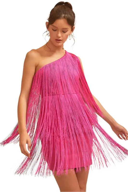 Half Shoulder Back Zipper Fringe Mini Dress