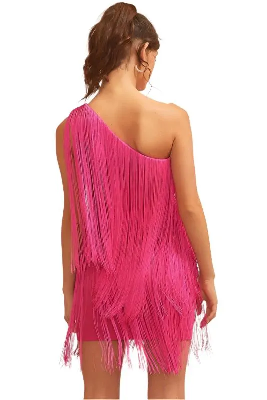 Half Shoulder Back Zipper Fringe Mini Dress