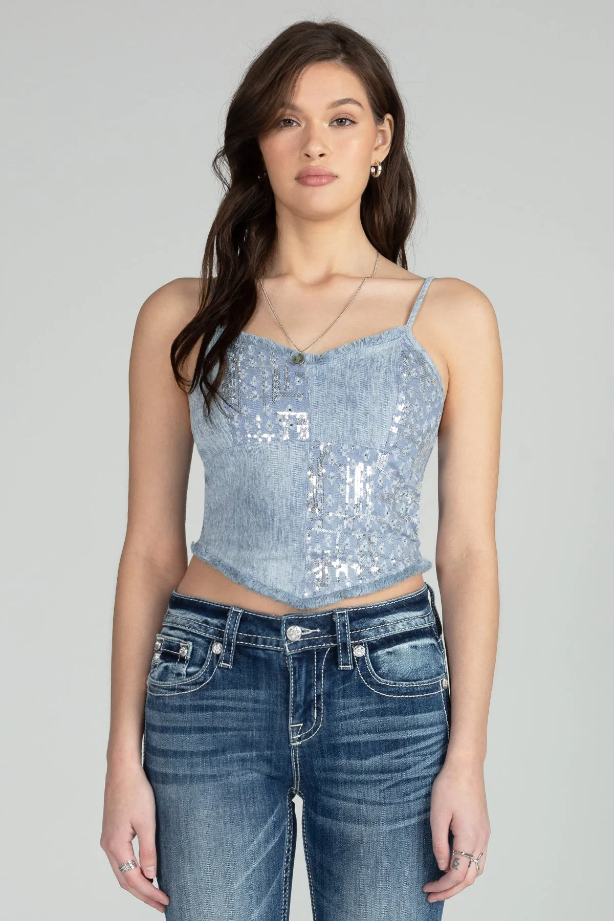 Handkerchief Denim Sequin Top