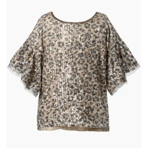 Hannah Banana Leopard Print Ruffle Sequin Top - Gold