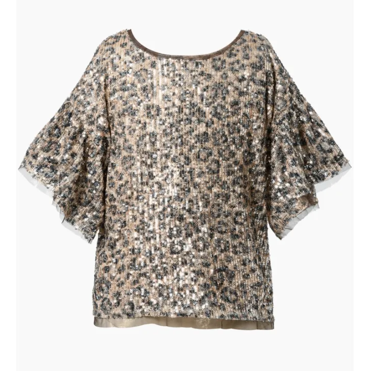 Hannah Banana Leopard Print Ruffle Sequin Top - Gold